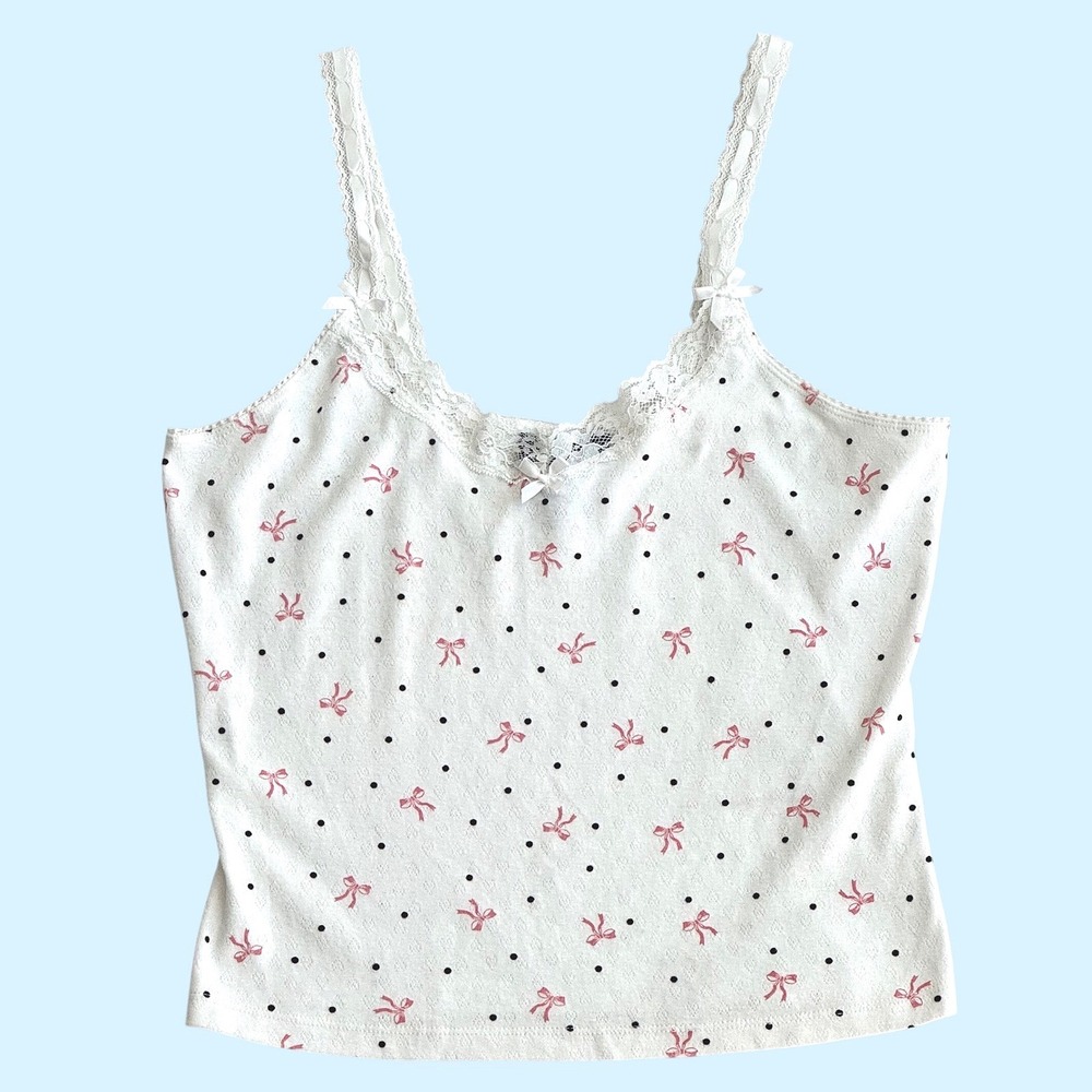 XL White Pink Bow Polka Dot Lace Trim Y2K Camisole Tank